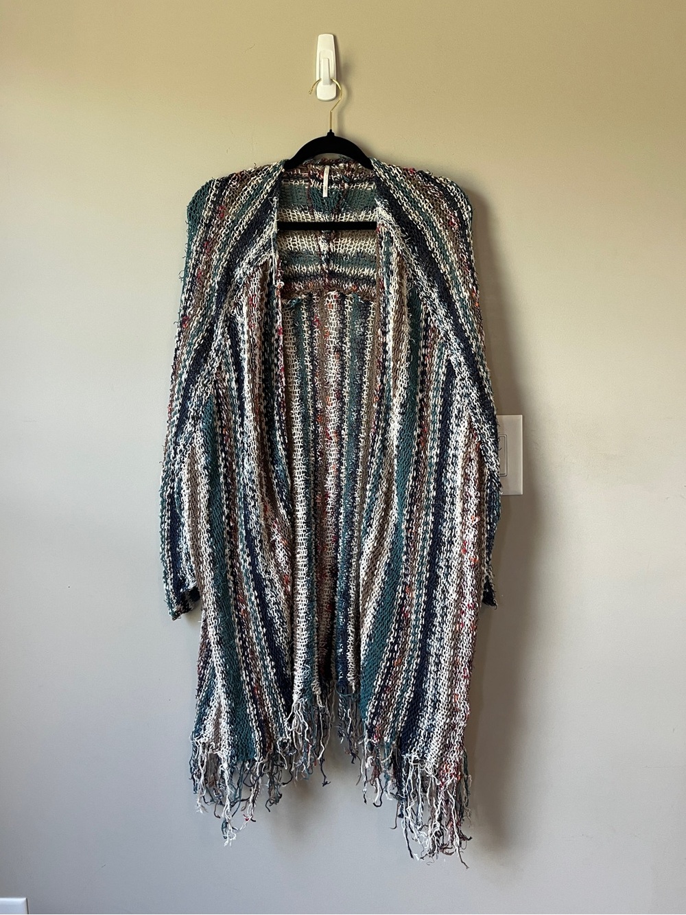 Free People Multicolor Striped Knit Fringe Open Cardigan